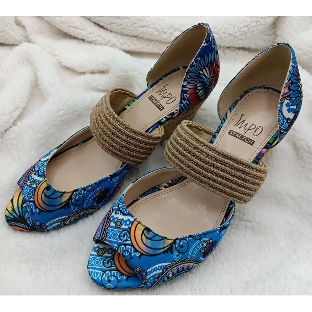 Impo Stretch Wedge Sandals Sz 7M‎ Paisley Floral Pattern